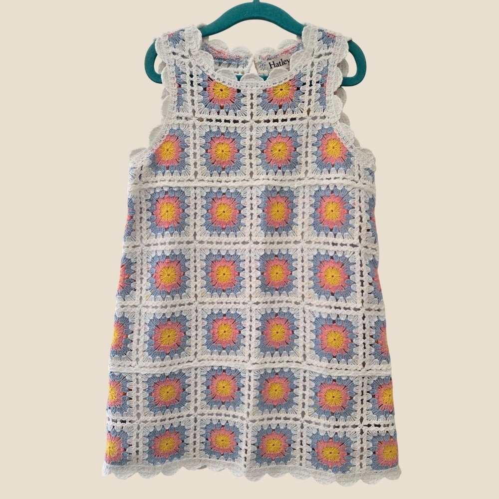 Hatley Girls Crochet Granny Square Dress Multi-Color Boho Sleeveless Size 5